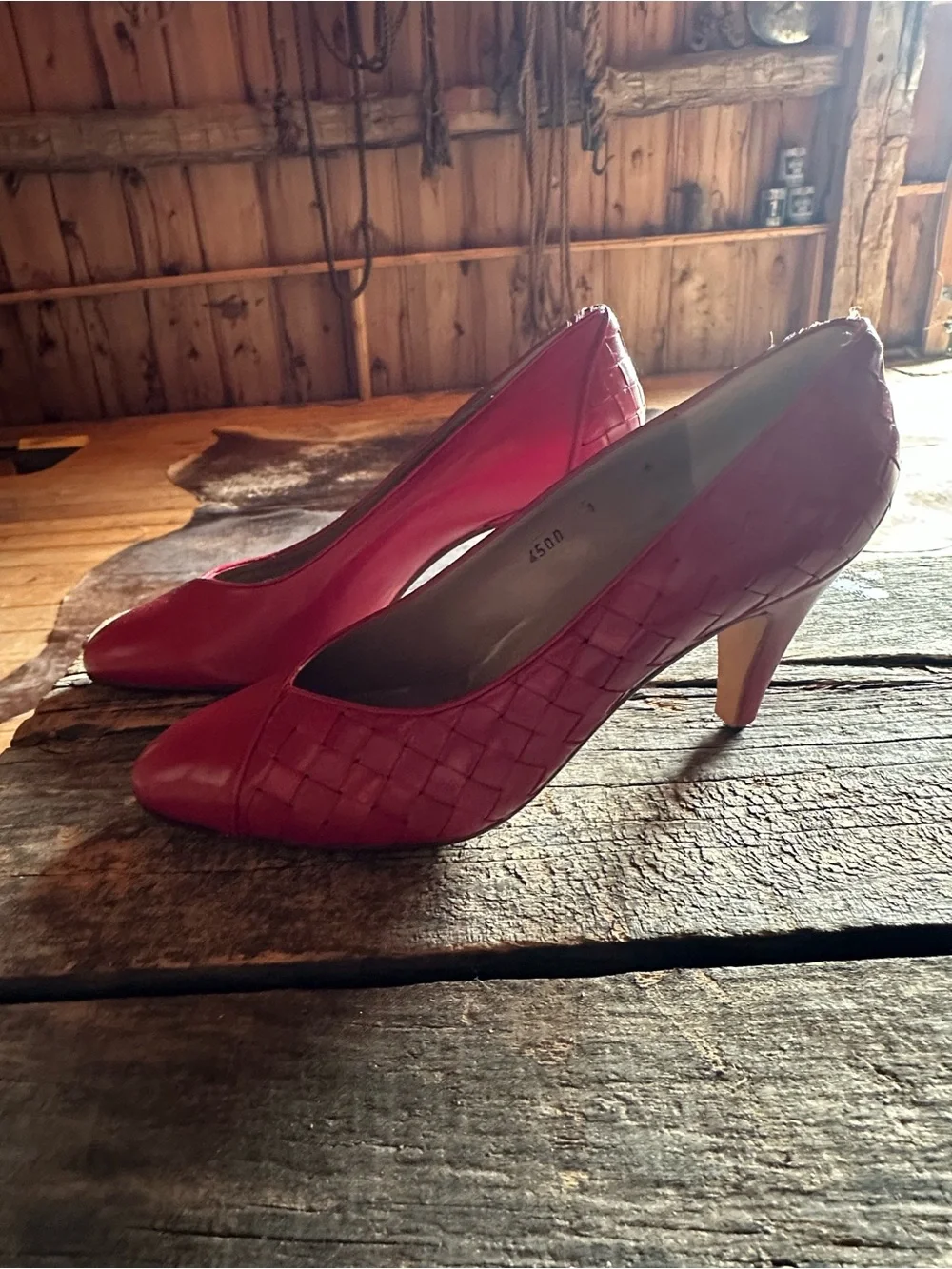 Bottega Veneta Red Woven Leather Mid-Heel Pumps
